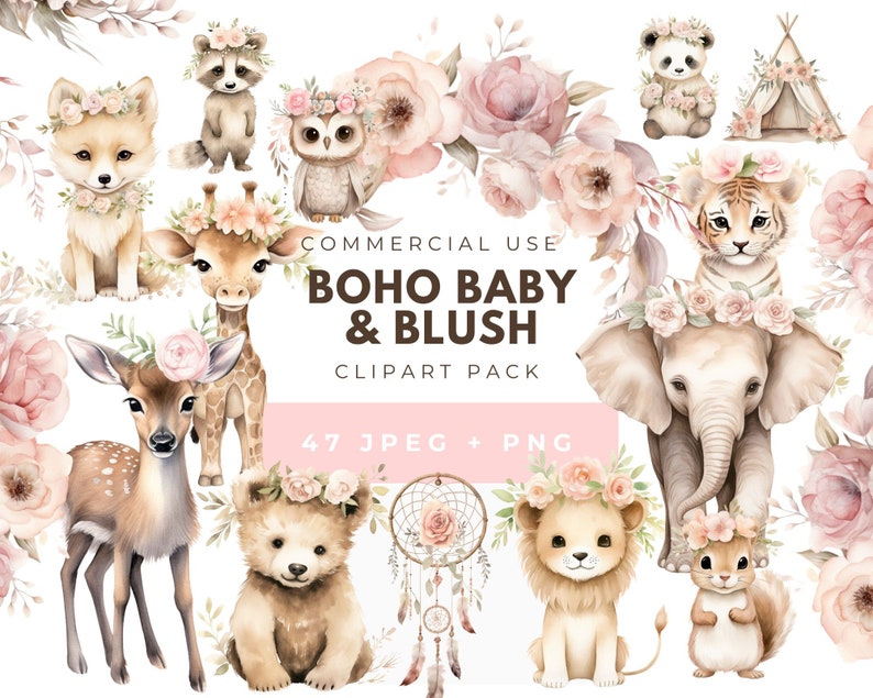 Clipart aquarelle bébé Boho, téléchargement numérique, Clipart animaux de la forêt Boho, Shower de bébé Boho, renard cerf raton laveur écureuil girafe ours Lion image 1