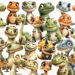 May include: A collection of colorful cartoon dinosaurs with various expressions and poses. The dinosaurs are painted in a whimsical style with bright colors and playful details.
