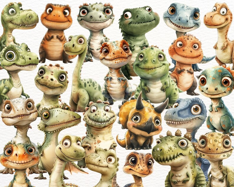 May include: A collection of colorful cartoon dinosaurs with various expressions and poses. The dinosaurs are painted in a whimsical style with bright colors and playful details.