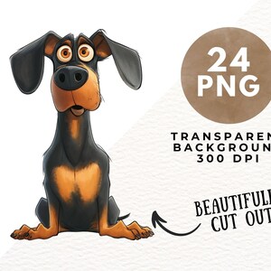 May include: A cartoon illustration of a black and brown dachshund dog with big eyes and a surprised expression. The dog is sitting with its legs crossed and its tail curled up.