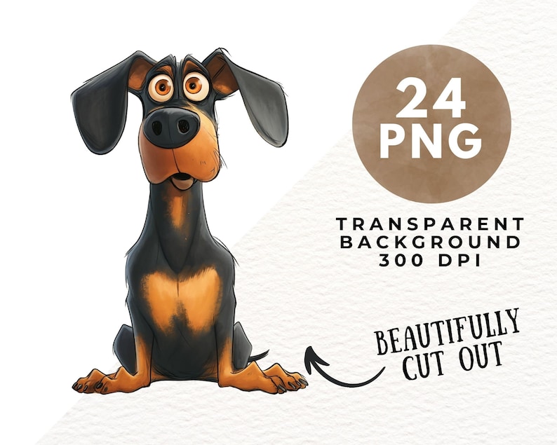 May include: A cartoon illustration of a black and brown dachshund dog with big eyes and a surprised expression. The dog is sitting with its legs crossed and its tail curled up.