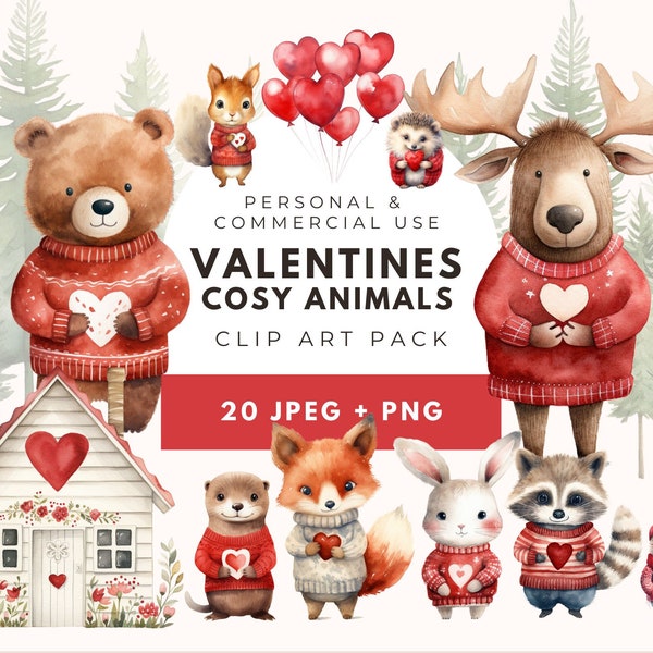 Watercolor Valentine's Day clipart, Watercolor baby animals, Romantic clipart, Woodland Animal Clipart, Digital Download, Heart, Bear, Fox
