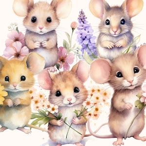 Maus und Blumen Clipart, 10 PNG, digitaler Download, Aquarell Clipart, kommerzielle Nutzung, niedliche Mäuse, Kinderzimmerkunst, Sublimationsdesign