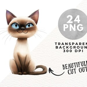 May include: A cartoon illustration of a Siamese cat with blue eyes and a smiling expression. The cat is brown and cream-colored, with a dark brown face and ears. The image includes text that says "24 PNG", "Transparent Background 300 DPI", and "Beautifully Cut Out".