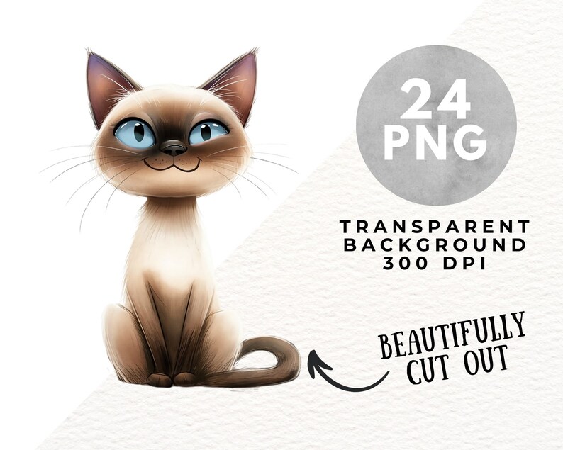 May include: A cartoon illustration of a Siamese cat with blue eyes and a smiling expression. The cat is brown and cream-colored, with a dark brown face and ears. The image includes text that says "24 PNG", "Transparent Background 300 DPI", and "Beautifully Cut Out".