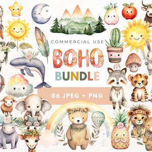 Clipart Boho Baby, Clipart di simpatici animali del bosco, Clipart Boho, Uso commerciale, Decorazione per baby shower, Clipart per baby shower nel bosco, Scarabocchio