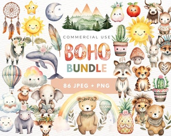 Boho Baby Clipart, Cute Woodland Animals Clipart, Bohemian Clipart, Commercial Use, Baby Shower Decor, Woodland Baby Shower Clipart, Doodle