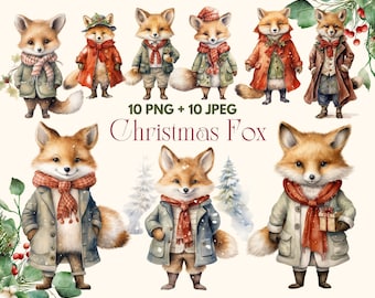 Watercolor Christmas Fox Clipart: PNG & JPG Graphics (Digital Download)