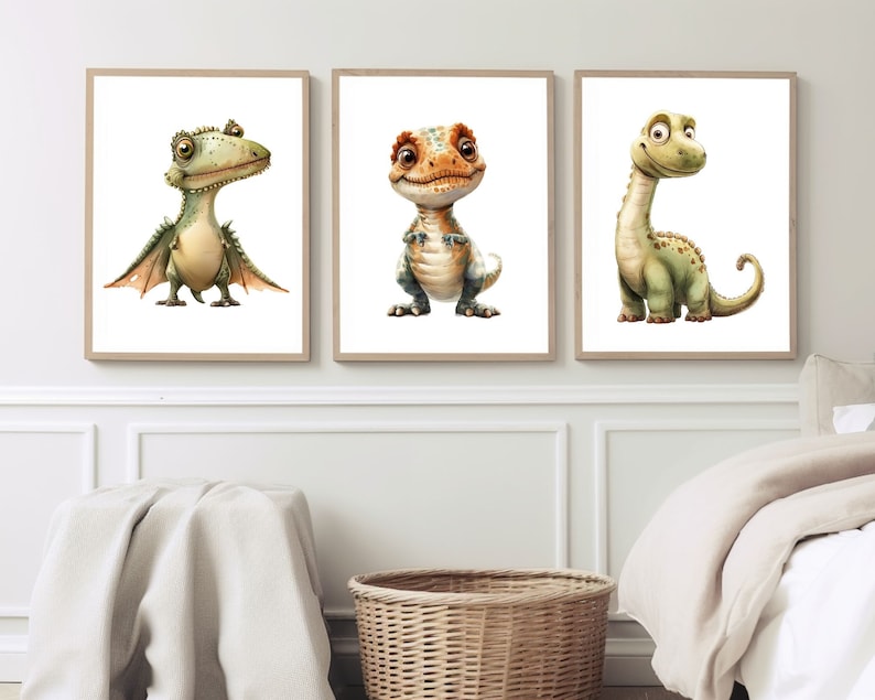 May include: Three framed illustrations of cartoon dinosaurs. The first dinosaur is green with wings and has a surprised expression. The second dinosaur is orange and green with a friendly expression. The third dinosaur is green with a long neck and a friendly expression.