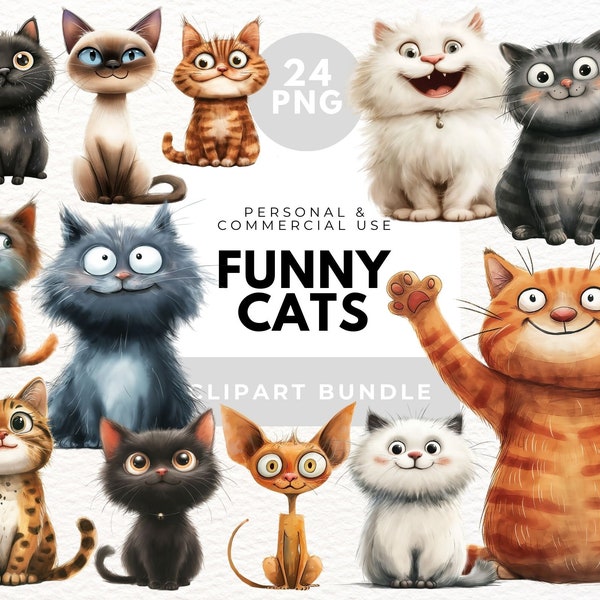 Funny Cats Clip Art, Quirky Cat Clipart, Kawaii Cat, Cute Cat Portraits, Planner Clipart, Cute Cats Clipart, Witches Cat, Junk Journal, PNG