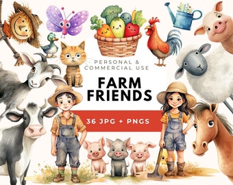 Watercolor Farm Animals Clipart, Quirky PNG Graphics (Commercial Use)