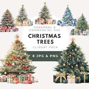 Watercolor Christmas Trees Clipart, Christmas Clipart, Christmas Ornaments Png, Commercial Use, Christmas Decor, Holiday Clipart,  Trees Png