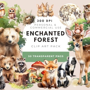 Verzauberter Wald Clipart, Wald Baby Tiere, Kinderzimmer Clipart, Waldbabys, Wald Clipart, Hirsch Bär Fuchs, Aquarell Waldland Clipart