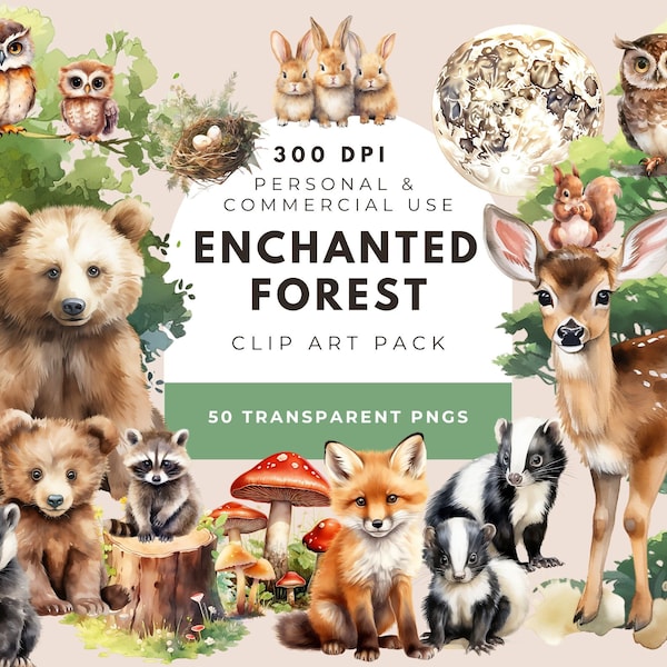 Enchanted Forest Clipart, Forest Baby Animals, Nursery Clipart, Woodland Babies, Forest Clipart, Deer Bear Fox, Watercolor Woodlands Clipart