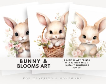 Bunny Nursery Art Prints: Watercolor Floral Decor (Digital Download)