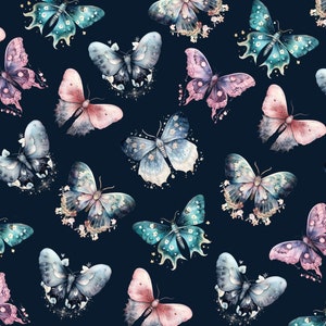 May include: A seamless pattern featuring a variety of colorful butterflies with intricate details on a dark blue background. The butterflies are in various shades of blue, pink, and teal, with some having a glittery effect.