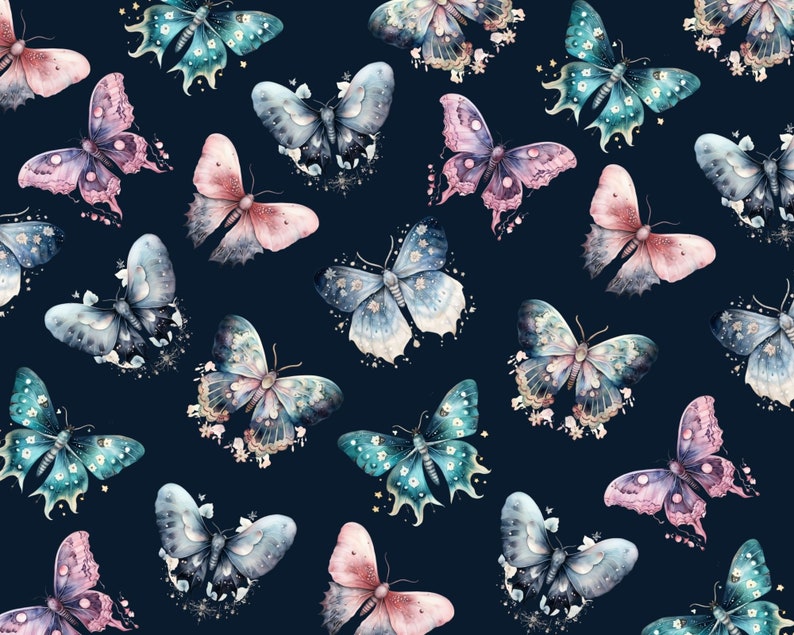 May include: A seamless pattern featuring a variety of colorful butterflies with intricate details on a dark blue background. The butterflies are in various shades of blue, pink, and teal, with some having a glittery effect.