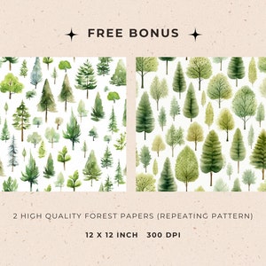 May include: Two digital paper patterns featuring watercolor illustrations of a forest with various green trees. The patterns are seamless and can be used for crafting, scrapbooking, and other creative projects. The papers are 12 inches by 12 inches and 300 DPI.