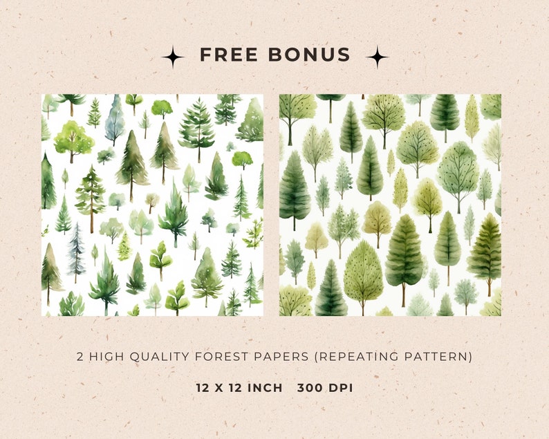 May include: Two digital paper patterns featuring watercolor illustrations of a forest with various green trees. The patterns are seamless and can be used for crafting, scrapbooking, and other creative projects. The papers are 12 inches by 12 inches and 300 DPI.