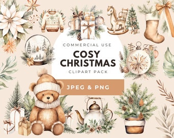 May include: A watercolor illustration set featuring cozy Christmas elements. The set includes a bear wearing a knitted hat, a snow globe, a Christmas tree, a teapot, a Christmas ornament, a stocking, a rocking horse, a sweater, and a poinsettia. The set is perfect for creating festive designs for cards, invitations, and other projects.