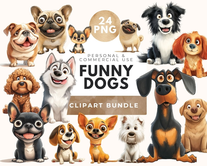 May include: A set of 24 cartoon dog illustrations in PNG format. The dogs are in various poses and expressions, including a bulldog, a pug, a chihuahua, a husky, a dachshund, a french bulldog, a golden retriever, a border collie, and a labrador.