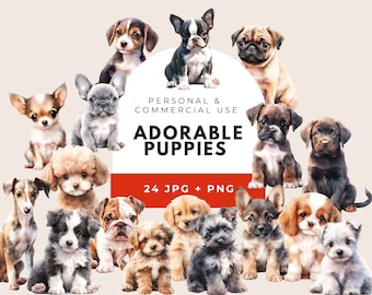 Peut inclure: Une collection de 24 illustrations aquarellées de chiots adorables dans différentes poses. Les chiots sont de races et de couleurs différentes, et ils ont tous l'air mignons et joueurs. Les illustrations sont parfaites pour une utilisation dans le scrapbooking numérique, la fabrication de cartes et d'autres projets créatifs.
