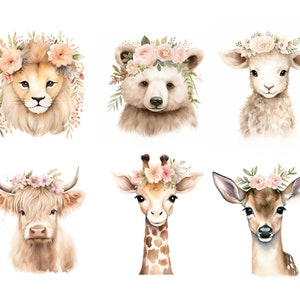 Clipart aquarelle bébé Boho, téléchargement numérique, Clipart animaux de la forêt Boho, Shower de bébé Boho, renard cerf raton laveur écureuil girafe ours Lion image 6