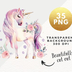 May include: A watercolor illustration of a white unicorn with a pink and purple mane and tail. The unicorn is standing on a white background with pink flowers and purple dots. The image is 300 DPI and has a transparent background.