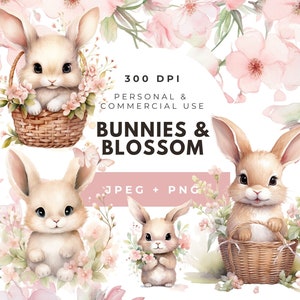 Hase Blumen Hasen Clipart, sofortiger Download, Kirschblüten Clipart, Junk Journals, Babyparty, entzückende Babykaninchen Png, niedliche Häschen