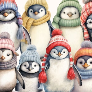 Pingüino lindo, 10 PNG, descarga digital, clipart de acuarela, técnica mixta, pingüino PNG, clipart de pingüino, sombrero de pingüino, animales de invierno, pingüino
