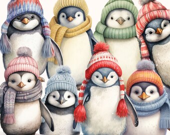 Watercolor Penguin Clipart: Winter Animals with Wooly Hats (PNG Digital Download)