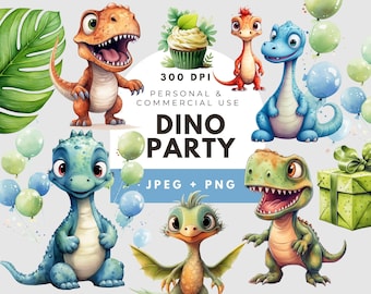Watercolor Dinosaur Clipart: Dino Birthday Party Printables (PNG, JPEG)