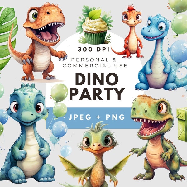 Watercolor Dinosaurs Clipart, Dino theme baby party printables, Cute Dinosaur Clip Art, Dino Party, Dino birthday party decor boy, T-Rex