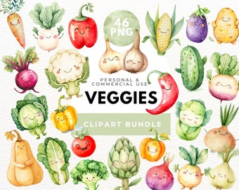 Cute Vegetable Clipart, Digital Download, Watercolor Vegetable, Garden Clip Art, Healthy Food, Junk Journal, Carrot, Tomato, Avocado, Chilli