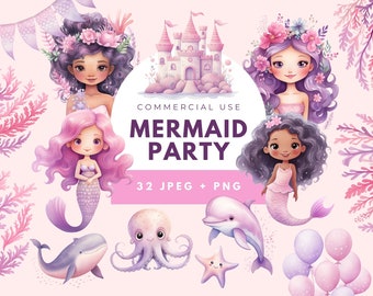 Pastel Mermaid Clipart: Pink Party Decor, Sublimation Designs (Instant Download)