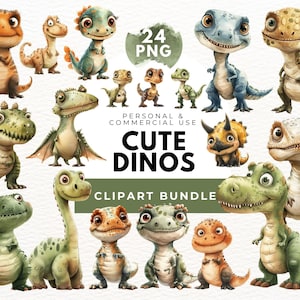 May include: A set of 24 digital clipart images featuring cute cartoon dinosaurs in various poses and colors. The dinosaurs are illustrated in a watercolor style and have big eyes and friendly expressions. The text "Cute Dinos" is featured in the center of the image.