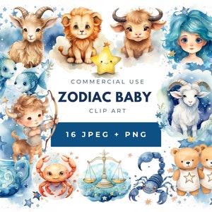 Zodiac Baby Clipart, Digital Download, Cute Kids Horoscope For Baby Shower, Horoscope Clipart, Zodiac Clipart, Watercolor Zodiac Sign, Stars