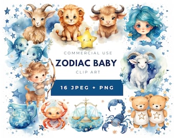 Watercolor Zodiac Baby Clipart, Horoscope Kids PNG JPEG (Digital Download)