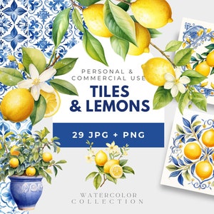 Azulejo mediterráneo, imágenes prediseñadas de limones de acuarela, azulejos cerámicos de azulejo portugués, licencia comercial, papel digital de azulejos azules y blancos