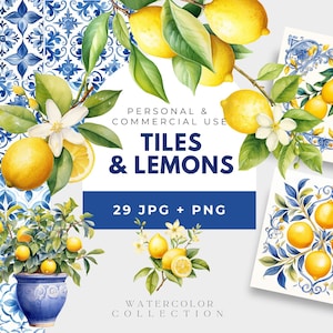 Azulejo mediterráneo, imágenes prediseñadas de limones de acuarela, azulejos cerámicos de azulejo portugués, licencia comercial, papel digital de azulejos azules y blancos