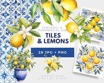 Tuile méditerranéenne, clipart de citrons aquarelle, carreaux de céramique azulejo portugais, licence commerciale, papier numérique de tuile bleue et blanche