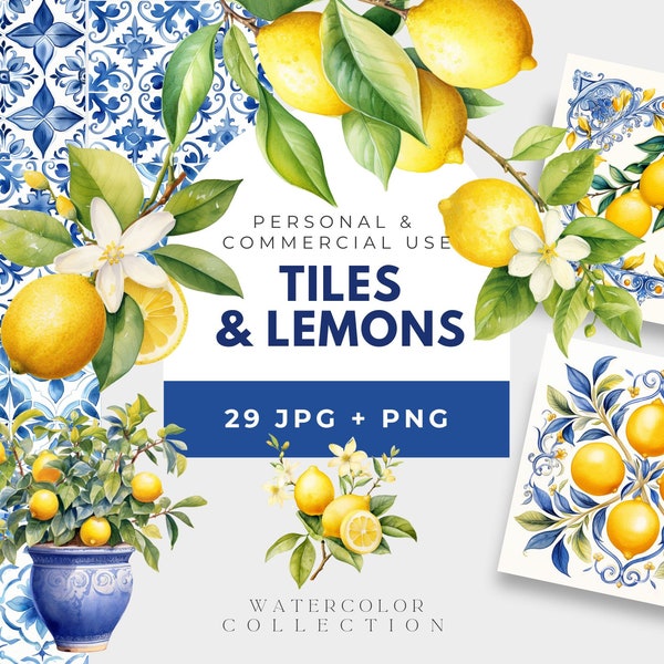 Piastrelle mediterranee, Clipart di limoni ad acquerello, piastrelle in ceramica Azulejo portoghesi, licenza commerciale, carta digitale per piastrelle blu e bianche