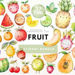 Cute Fruits Clipart, Cute Food, Kawaii Fruit Clipart, Cute Fruit Png, Transparent Png, Watercolor Cute Fruits Clipart, Summer Fruits Clipart