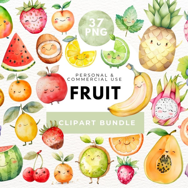 Cute Fruits Clipart, Cute Food, Kawaii Fruit Clipart, Cute Fruit Png, Transparent Png, Watercolor Cute Fruits Clipart, Summer Fruits Clipart