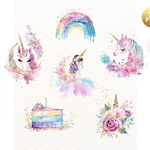 May include: A set of 35 watercolor illustrations featuring unicorns, rainbows, flowers, and a birthday cake. The illustrations are in shades of pink, purple, blue, and gold.