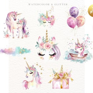 May include: A set of 35 watercolor and glitter unicorn illustrations. The illustrations feature unicorns with flowers, balloons, and a gift box. The illustrations are perfect for creating invitations, cards, and other crafts.