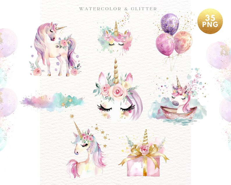 May include: A set of 35 watercolor and glitter unicorn illustrations. The illustrations feature unicorns with flowers, balloons, and a gift box. The illustrations are perfect for creating invitations, cards, and other crafts.