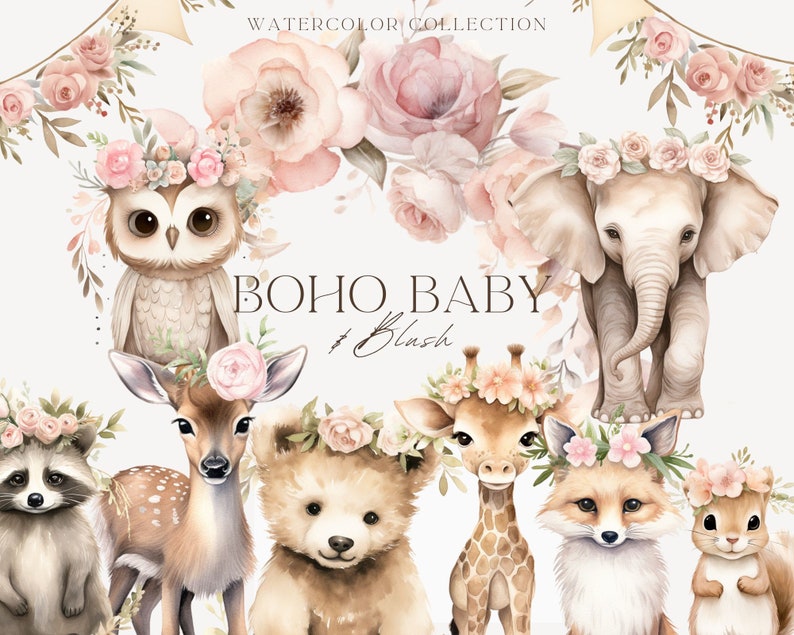 Clipart aquarelle bébé Boho, téléchargement numérique, Clipart animaux de la forêt Boho, Shower de bébé Boho, renard cerf raton laveur écureuil girafe ours Lion image 10