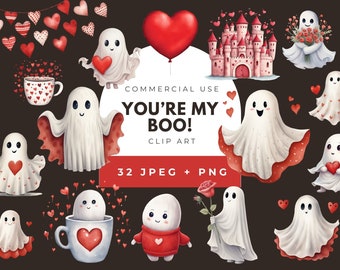 Paquete de imágenes prediseñadas de acuarela fantasma, San Valentín espeluznante PNG (descarga digital)