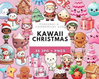 Kawaii Christmas Clipart Bundle, PNG JPEG Graphics